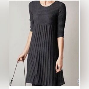 Eileen Fisher Women's Size Large Ribbed Pleated 100% Wool Midi Dress in Grey